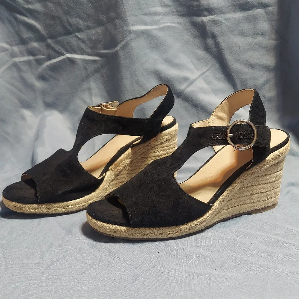 LifeStride Black Faux Suede Espadrille Wedge Sandals Open Toe Ankle Strap Size 8
